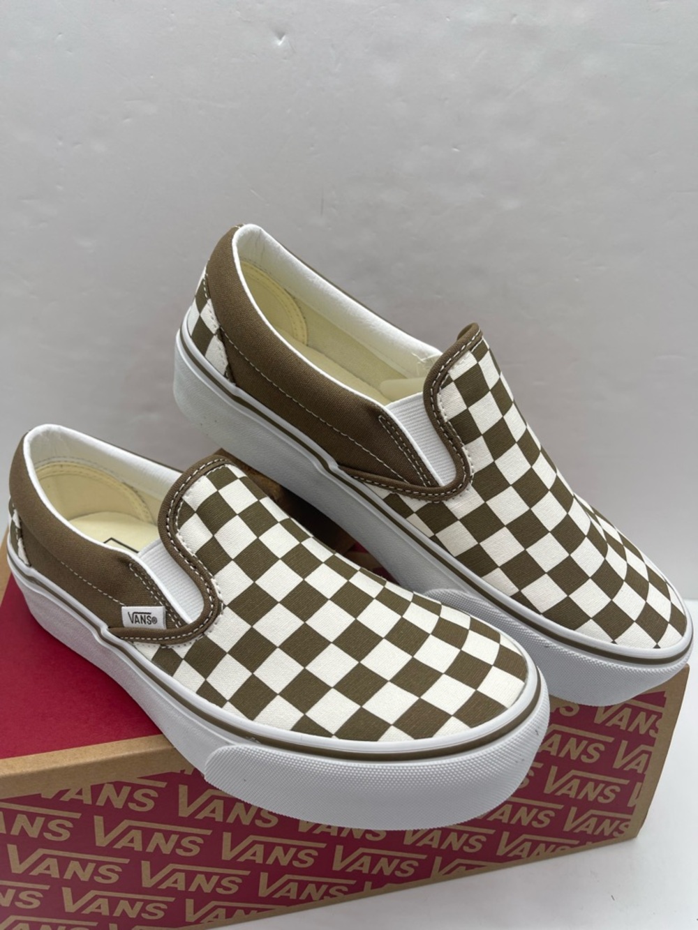 Vans Slip-On Platform Sneakers Checkerboard Sepia Brown VN00018E0E0 New - Picture 4 of 16